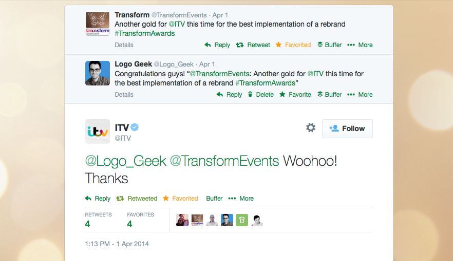 ITVs twitter response to their success at Transform Awards 2014